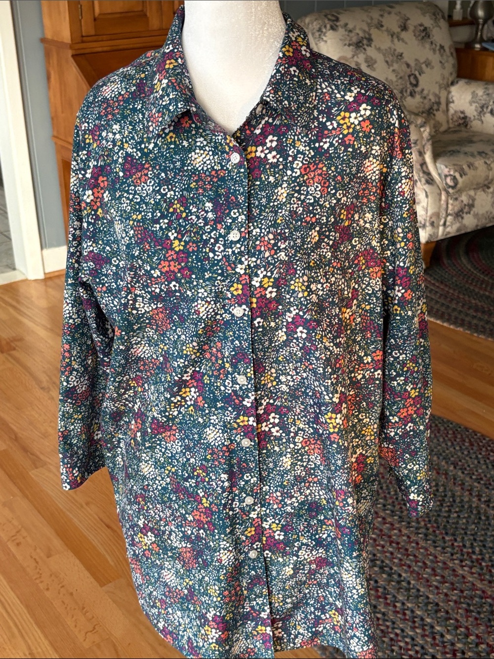 Lands' End Teal Floral No Iron Supima Blouse with 3/4 length sleeves